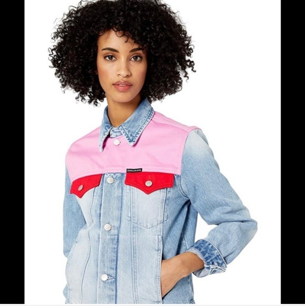 Colorblock Denim Blue Trucker Jacket Button-up Preppy Festival Rock Spring XS‎